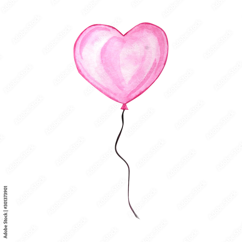 Happy Valentines Day. Watercolor hand drawn Holiday illustration of flying pink red balloon heart, isolated on white background. Festive decoration love romantic element for Valentine's Day or Wedding