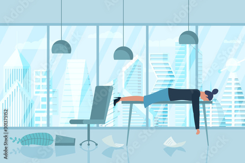 Professional burnout syndrome. Exhausted sick tired female manager in office sad boring lies with head down on table. Frustrated worker mental health problems. Vector long work day illustration