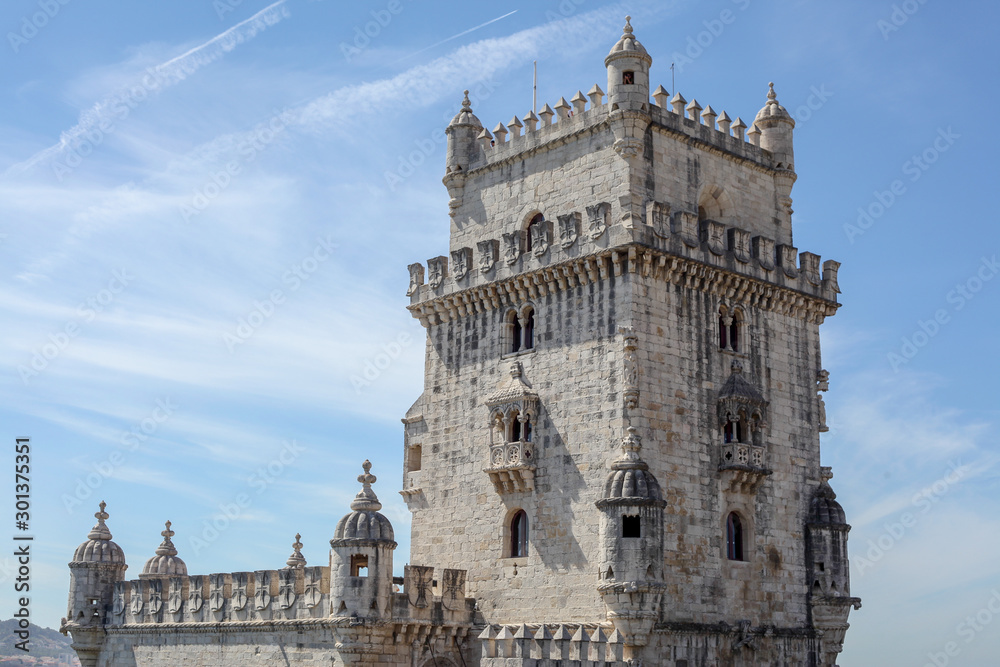 Belem Tower officially `Torre de Sao Vicente`, the fortified tower located in the parish of Belem, district of Lisbon, on the right bank of the Tagus River.
