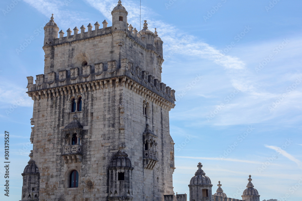 Belem Tower officially `Torre de Sao Vicente`, the fortified tower located in the parish of Belem, district of Lisbon, on the right bank of the Tagus River.
