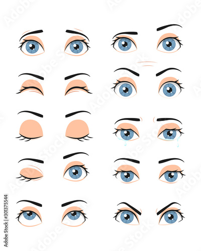 Collection of cartoon female eyes with different emotions. Set of different eye expressions. Vector illustration.