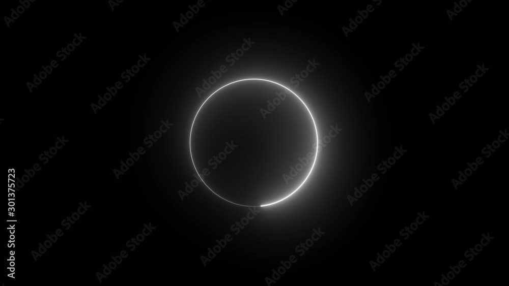 Bright white circle in rotation swirling around glowing on a black background - looped