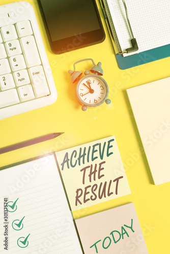 Writing note showing Achieve The Result. Business concept for Receive successful result from hard work make you happy White paper with copy space with paper clips clock and pc keyboard