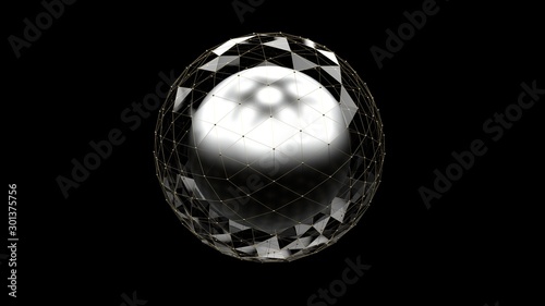 Abstract metallic sphere in glass polygonal object on black background. 3D render