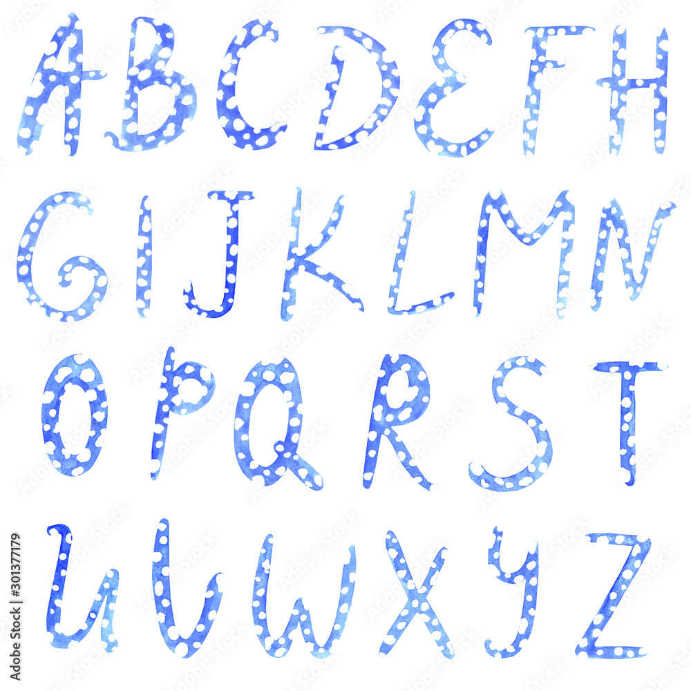 Blue watercolor alphabet. Polka dot letters