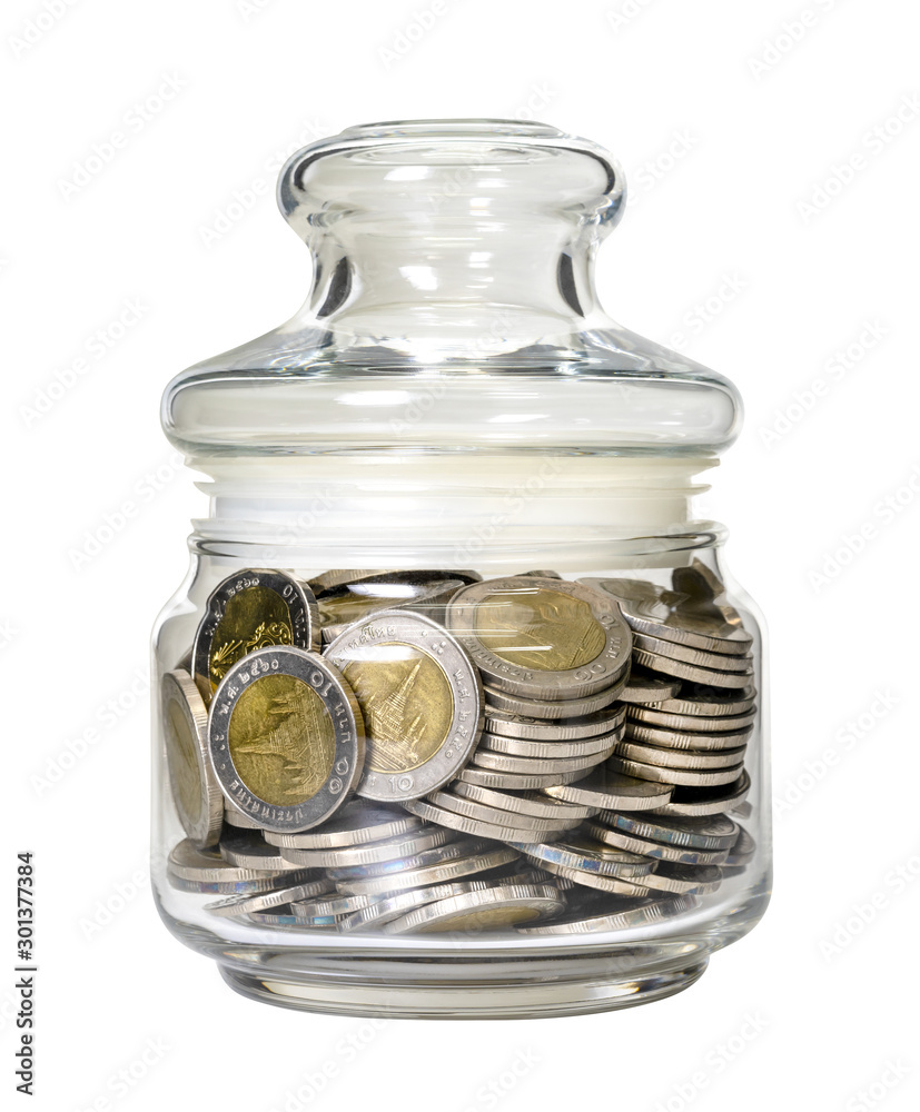 coins in glass bottle isolated on white background ,include clipping path,business saving and investment concept coins in glass bottle isolated on white background ,include clipping path,business saving and investment concept