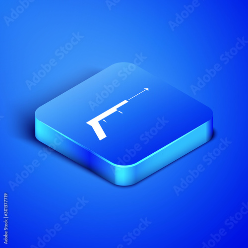 Isometric Fishing harpoon icon isolated on blue background. Fishery manufacturers for catching fish under water. Diving underwater equipment. Blue square button. Vector Illustration