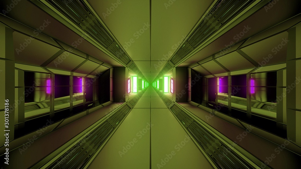futuristic sci-fi space tunnel corridor with glowing lights and glass windows 3d illustration background wallpaper