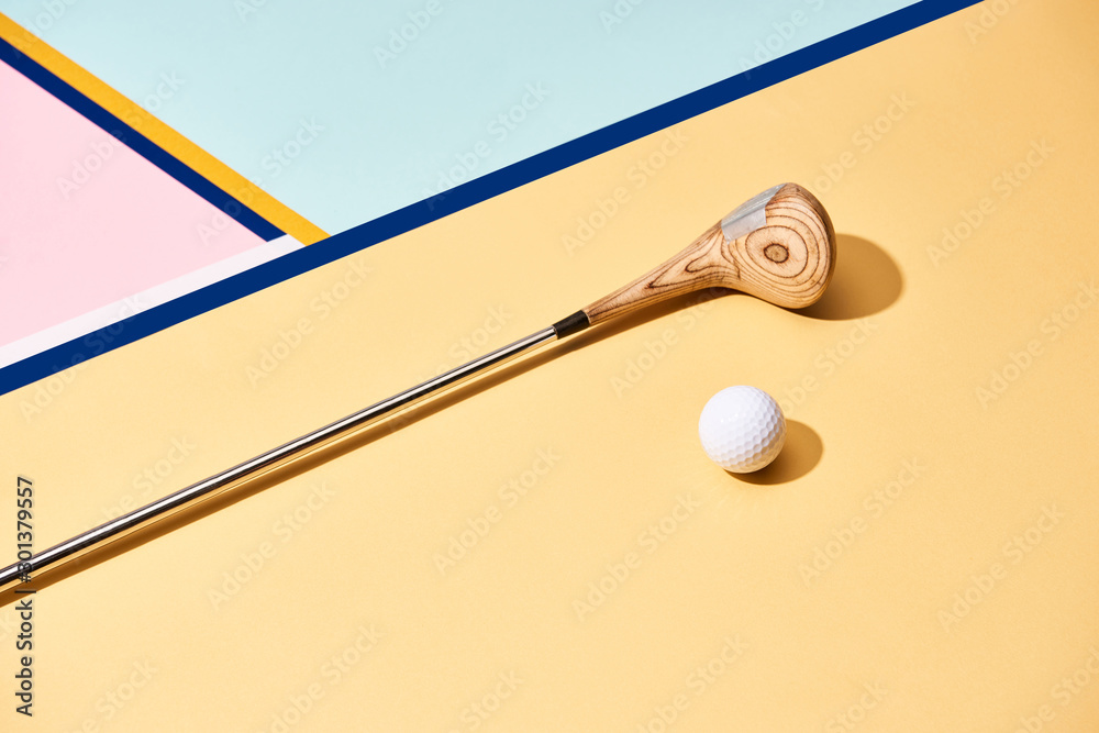 Golf club and ball on surface with blue lines Golf club and ball on surface with blue lines