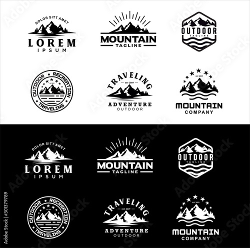 Set Of Mountain and Sea for Outdoor Adventure Emblem Logo silhouette design inspiration Hiking Vintage Hipster Retro