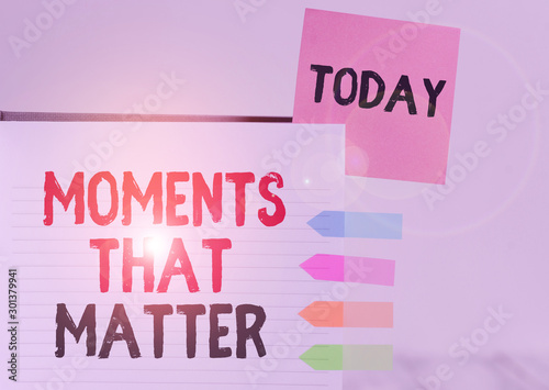 Word writing text Moments That Matter. Business photo showcasing Meaningful positive happy memorable important times Hard cover note book sticky note arrow banners inserted clear background