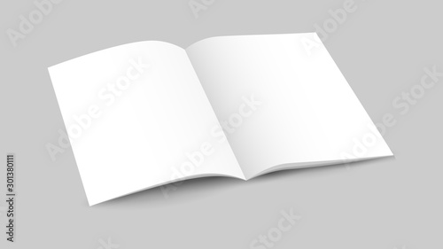 White blank opened magazine with soft shadows on dark background, mock up