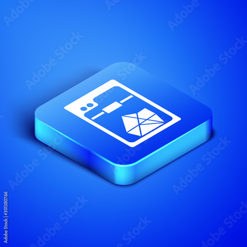 Isometric 3D printer icon isolated on blue background. Blue square button. Vector Illustration