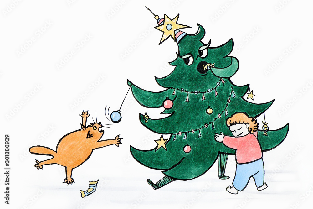 Obraz Drawing of a funny situation when a boy saves a Christmas tree from a cat, and he wants to jump on a Christmas ball.Hello, New year!