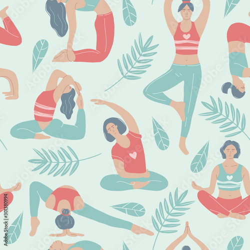 Yoga set with women in different poses. World Health Day. Healthy lifestyle. Set of vector illustration with  yoga class. Colorful seamless pattern.