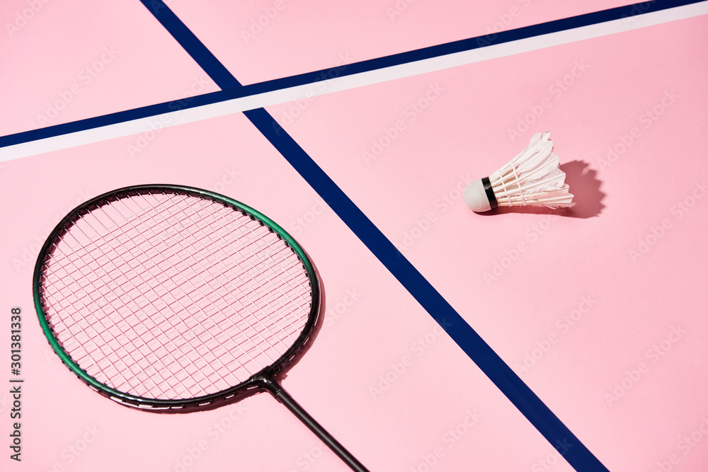 Badminton racket and shuttlecock on pink background with blue lines