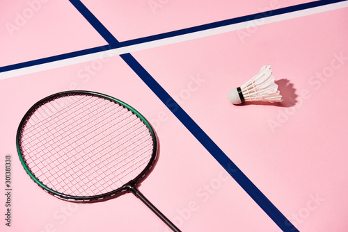 Badminton racket and shuttlecock on pink background with blue lines © LIGHTFIELD STUDIOS