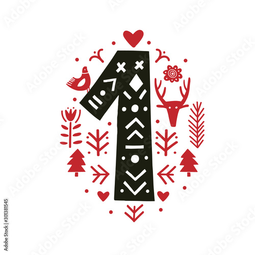 Creative number 1 with folk motives scandinavian