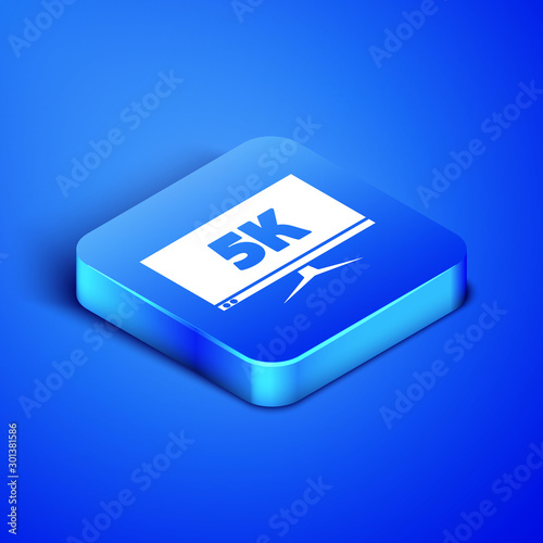 Isometric Computer PC monitor display with 5k video technology icon isolated on blue background. Blue square button. Vector Illustration
