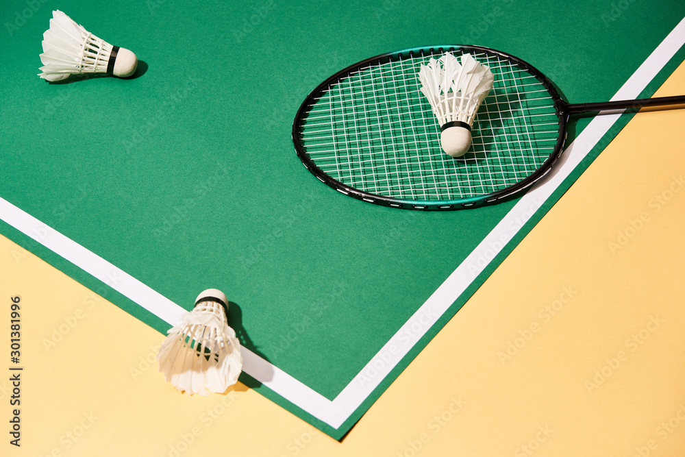 High angle view of badminton racket and shuttlecocks on green court on yellow surface - obrazy, fototapety, plakaty 