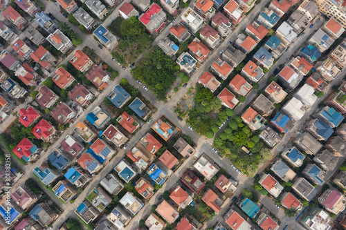 Aerial photographing neatly arranged colored houses, aerial view of the roof