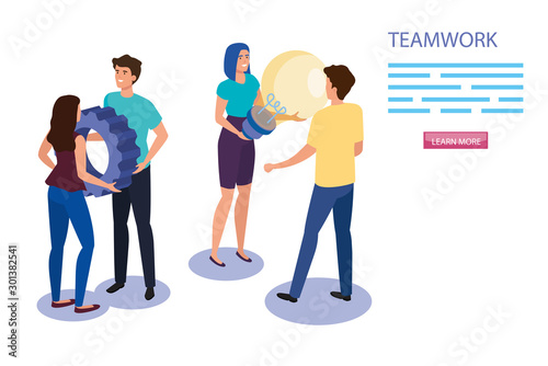 work team group with gear and light bulb vector illustration design