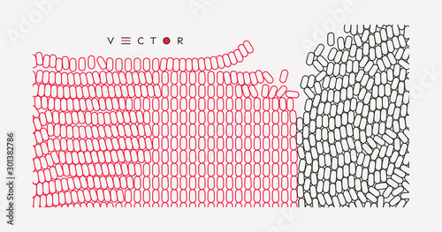Irregular array or matrix of random ovals. Background breaking down into small fragments.