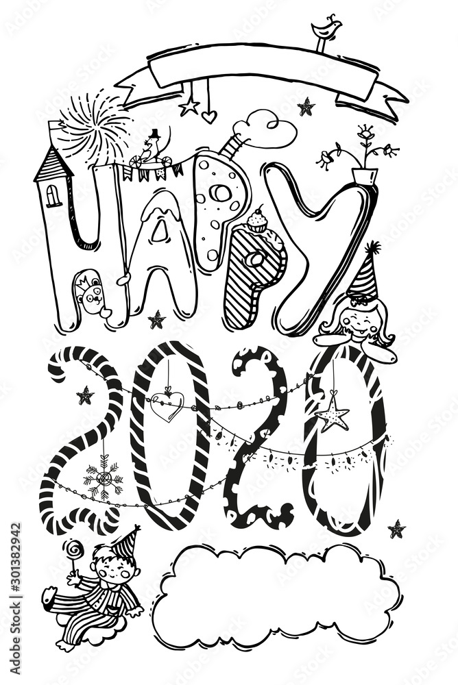 Doodle hand drawn sketch, new year card. Happy New Year. Figures 2020, happy children, garlands, snowflake, mouse. Cute cartoon style. Stock vector illustration isolated on white background Doodle hand drawn sketch, new year card. Happy New Year. Figures 2020, happy children, garlands, snowflake, mouse. Cute cartoon style. Stock vector illustration isolated on white background