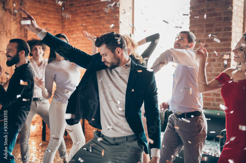 Obraz na plátně Photo of friends fellowship gathering dance floor x-mas students party dancing s