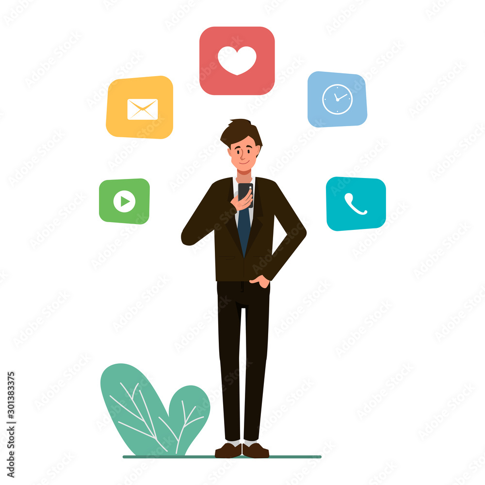 man using a mobile phone infographic. business man character. man using a mobile phone infographic. business man character.