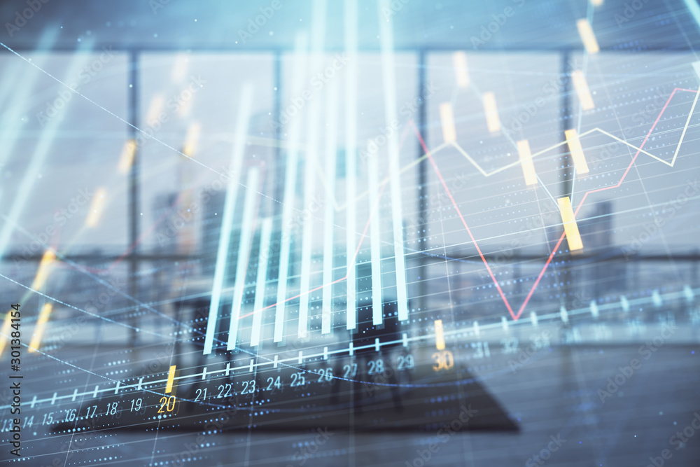 Business theme graph hologram with minimalistic cabinet interior background. Double exposure. Stock market concept. Business theme graph hologram with minimalistic cabinet interior background. Double exposure. Stock market concept.