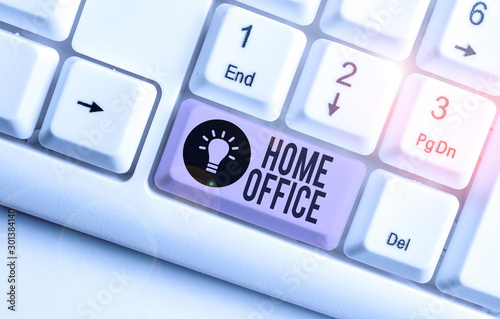 Writing note showing Home Office. Business concept for space designated in a demonstrating s is residence for official business White pc keyboard with note paper above the white background photo