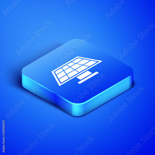 Isometric Solar energy panel icon isolated on blue background. Blue square button. Vector Illustration