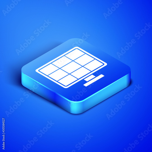 Isometric Solar energy panel icon isolated on blue background. Blue square button. Vector Illustration