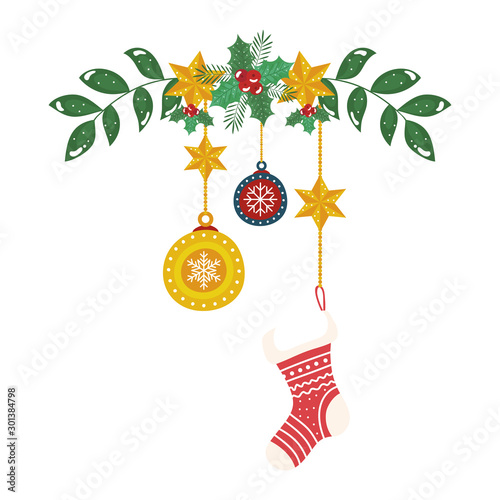 sock with icons christmas decorative hanging and branches design