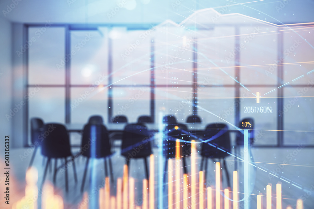 Multi exposure of stock market graph on conference room background. Concept of financial analysis Multi exposure of stock market graph on conference room background. Concept of financial analysis