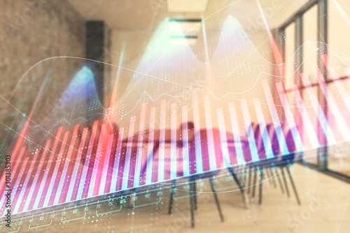 Multi exposure of stock market graph on conference room background. Concept of financial analysis © Andrey