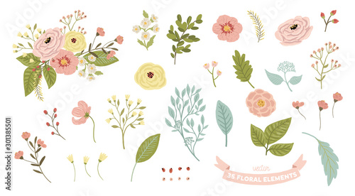 Vector isolated floral illustration set. Bouquet, flowers, leaves, branches, elements collection - perfect for bouquets, wreaths, arrangements, wedding invitations, anniversary, birthday.