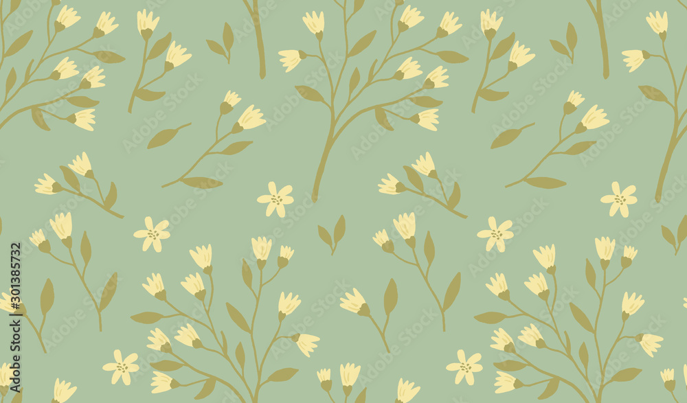 Fototapeta premium Vector seamless floral pattern with flower branches on green background, perfect for wrappings, wallpapers, postcards, greeting cards, wedding invitations, romantic events, etc.