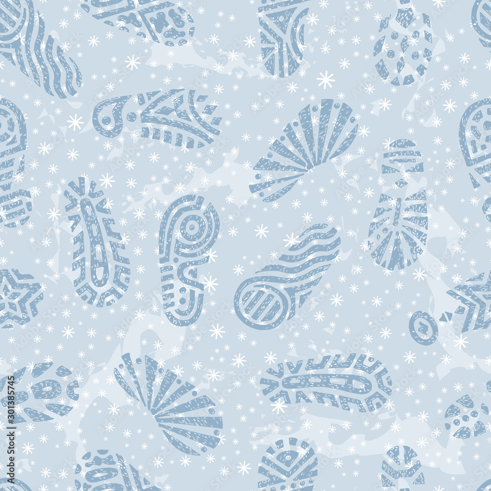 Winter background. Snowdrifts with traces Seamless pattern. Footprints. Hand drawn doodles shoe tracks