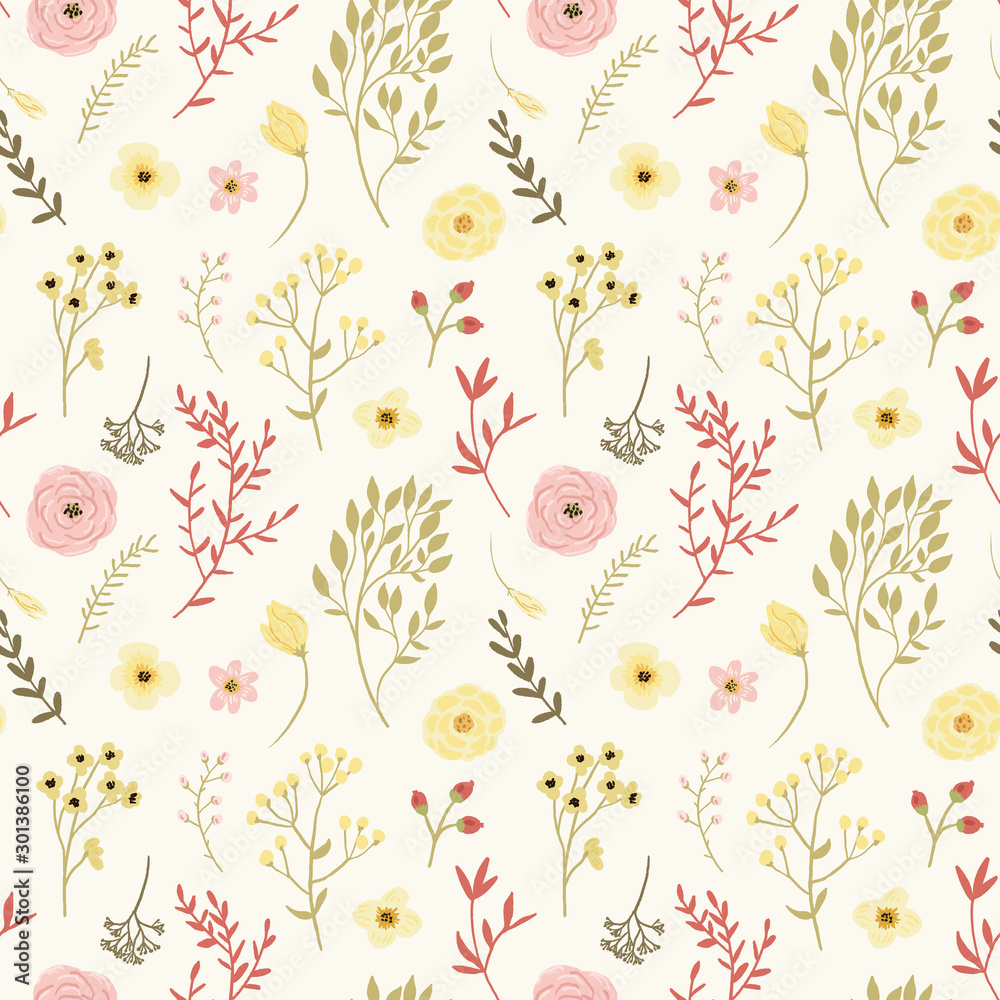 Fototapeta Vector floral seamless pattern on beige background with flowers and branches elements. Modern design for wedding, invitations, paper, cover, fabric, interior decor, etc. Ideal for baby girl design.