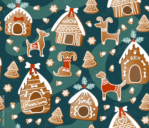 Gingerbread dog houses and dogs, gingerbread cakes, seamless Christmas pattern, holiday background