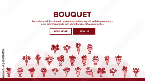 Bouquets, Bunches Of Flowers Vector Icons Set. International Womens Day, Birthday, Romantic Present. Natural, Traditional Gift For Girls, Women, Ladies. Roses, Tulips, Daisies Thin Line Illustration
