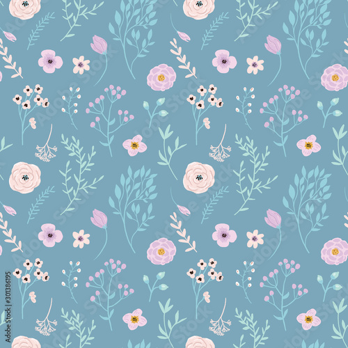 Vector floral seamless pattern on blue background with flowers and branches elements. Modern design for wedding, invitations, paper, cover, fabric, interior decor, etc. Ideal for baby girl design.