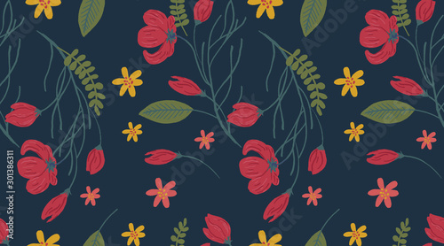 Vector floral seamless pattern on navy background with flowers and branches elements. Modern design for wedding  invitations  paper  cover  fabric  interior decor  etc. Ideal for baby girl design.