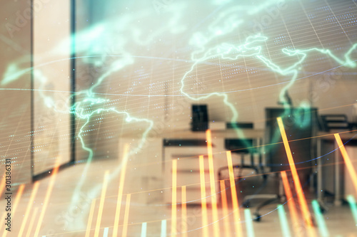 Stock and bond market graph and world map with trading desk bank office interior on background. Multi exposure. Concept of international finance