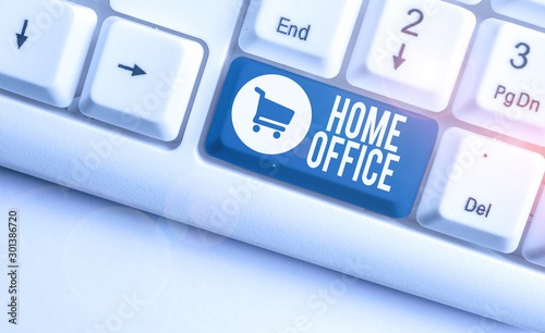 Writing note showing Home Office. Business concept for space designated in a demonstrating s is residence for official business White pc keyboard with note paper above the white background photo