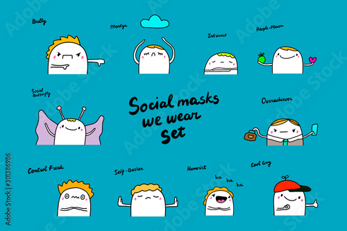 Social masks hand drawn vector illustration in cartoon comic style man people