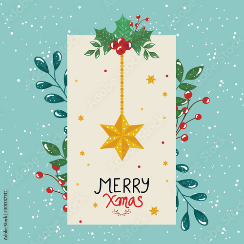 merry christmas poster with star and leafs decorative design