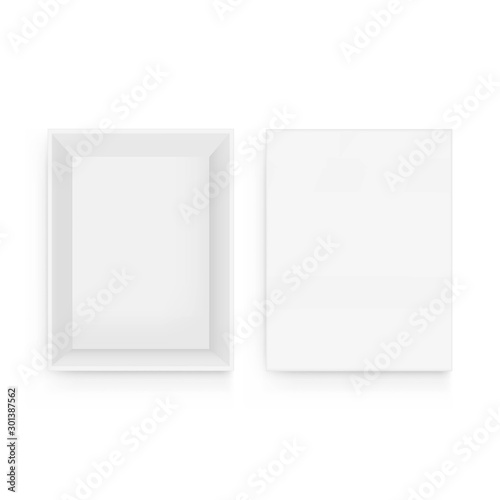 Blank rectangular box with open lid mockup top view, isolated on white background. Vector illustration